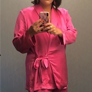 Pink Satin tie front suit